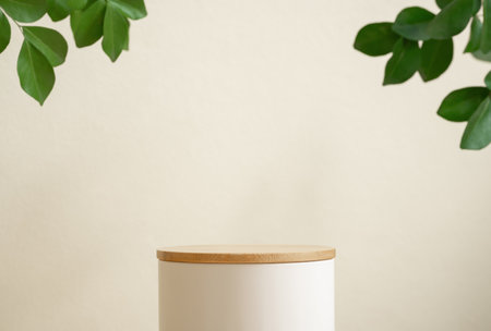 Minimal wood white podium with blurred green leaf plant on beige background.Beauty cosmetic natural mild product modern display,nature eco friendly concept.の写真素材