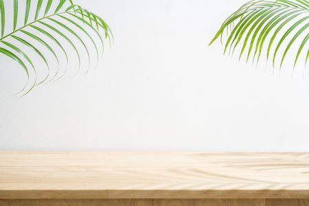Wood table top podium blurred green palm leaf plant on white space nature background.Beauty cosmetic natural product display.summer spring concept.の写真素材