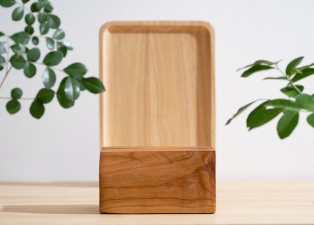 Minimal wood podium table top blurred green leaf plant on white empty space nature background.Beauty cosmetic natural product modern wooden display.の写真素材