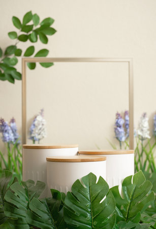Minimal wood white podium with blurred green leaf plant on beige background.Beauty cosmetic natural mild product modern display,nature eco friendly concept.の写真素材