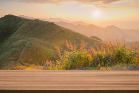 Wood table top podium floor outdoors misty mountain golden hour light sunset nature...