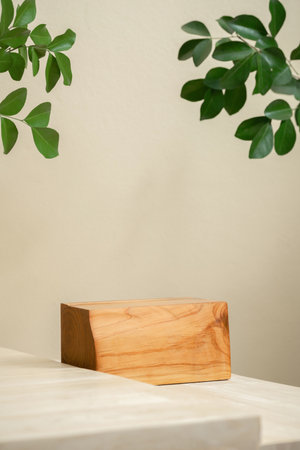 Minimal wood podium with blurred green leaf plant on beige background.Beauty cosmetic natural mild product modern display,nature eco friendly concept.の写真素材