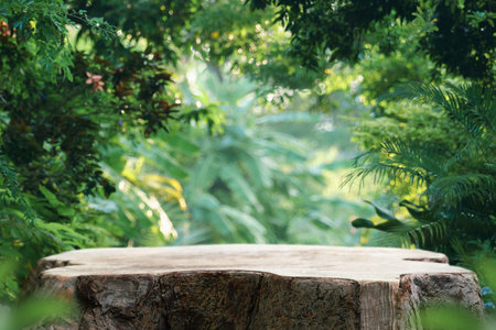 Wood tabletop podium floor in outdoors tropical garden forest blurred green leaf plant nature background.Natural product placement pedestal stand display,jungle paradise concept.の写真素材
