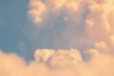 Surreal cloud podium outdoor on blue sky pink gold pastel clouds with empty space.Beauty cosmetic product placement pedestal present promotion minimal display,summer paradise dreamy concept.の写真素材