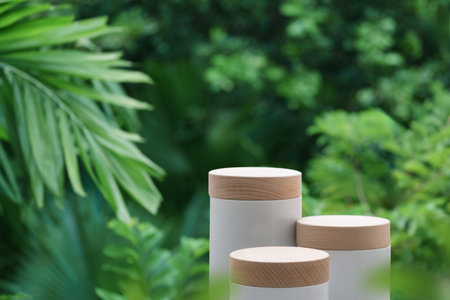 Minimal podium table top outdoors blur green leaf tropical forest plant background.beauty cosmetic healthy natural product placement pedestal display,spring or summer jungle paradise concept.の写真素材