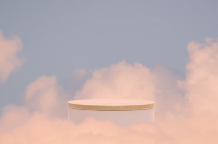 Minimal podium table top in outdoor on blue sky pink gold pastel soft cloud background.Beauty cosmetic product placement pedestal present promotion stand display,surreal paradise dreamy concept.の写真素材