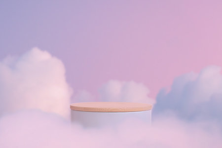 Minimal podium table top in outdoor on blue sky pink pastel soft cloud background.Beauty cosmetic product placement pedestal present promotion stand display,surreal paradise dreamy concept.の写真素材