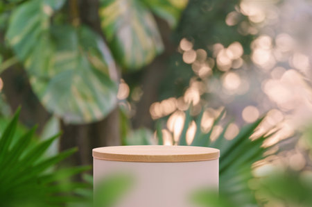 Minimal podium table top outdoors blur green leaf tropical forest plant background.beauty cosmetic healthy natural product placement pedestal display,spring or summer jungle paradise concept.の写真素材