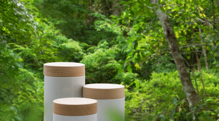Minimal podium table top outdoors blur green leaf tropical forest plant background.beauty cosmetic healthy natural product placement pedestal display,spring or summer jungle paradise concept.の写真素材
