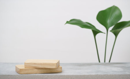 Minimal wood podium table top blurred green leaf plant on white space nature background.Beauty cosmetic natural product display.の写真素材