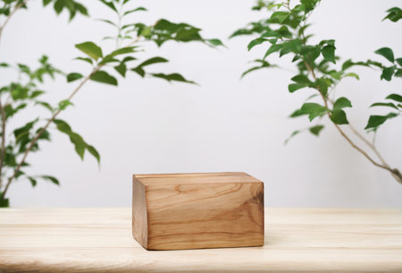 Minimal wood podium table top blurred green leaf plant on white space nature background.Beauty cosmetic natural product display.の写真素材