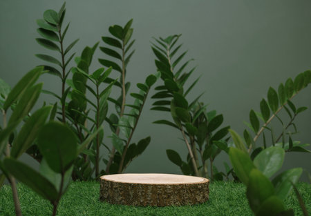 empty table top wood counter podium on grass tropic forest jungle plant blurred dark green background.natural product present placement pedestal promotion display,spring or summer minimal advertising.の写真素材