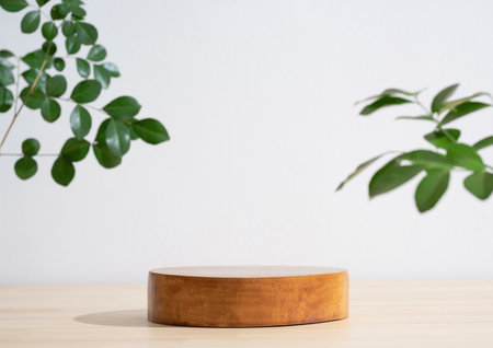 Wooden podium table top blurred green leaf plant on white empty space nature background.Beauty cosmetic natural product modern stage display.の写真素材