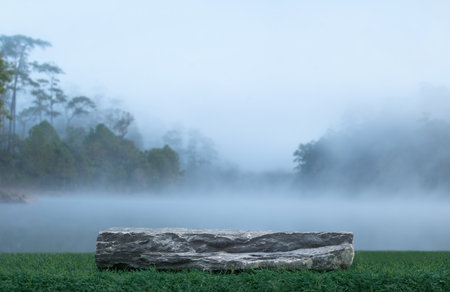 Stone tabletop podium floor outdoors misty lake and forest in winter nature landscape background.cosmetic natural product present placement pedestal counter display.cold scene concept.の写真素材