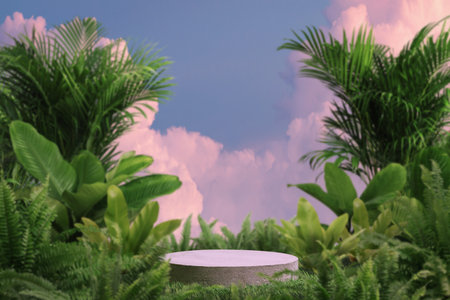 Surreal concrete podium with tropical forest plant blur cloud pink sky nature background.Organic product present natural placement pedestal minimal display,spring and summer paradise dreamy concept.の写真素材