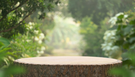 Wood tabletop podium floor in outdoors tropical garden forest blurred green leaf plant nature background.Natural product placement pedestal stand display,jungle paradise concept.の写真素材