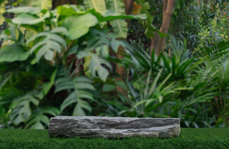 Stone tabletop podium floor in outdoors tropical garden forest blurred green leaf plant nature background.Natural product placement pedestal stand display,jungle paradise concept.の写真素材
