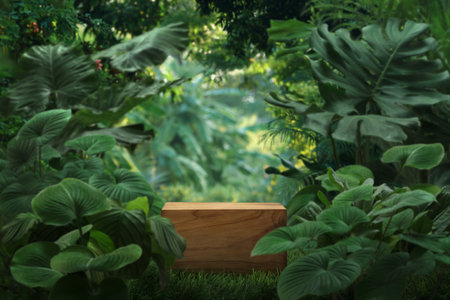 Minimal podium table top outdoors blur green leaf tropical forest plant background.beauty cosmetic healthy natural product placement pedestal display,spring or summer jungle paradise concept.の写真素材