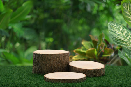 Wood podium table top floor in outdoors tropical garden forest blurred green leaf plant nature background.Natural product placement pedestal stand display,jungle paradise concept.の写真素材