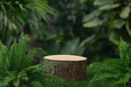 Wood podium table top floor in outdoors tropical garden forest blurred green leaf plant nature background.Natural product placement pedestal stand display,jungle paradise concept.の写真素材
