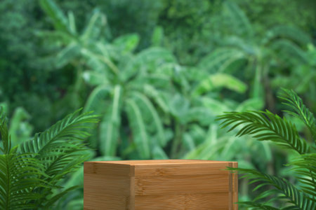 Wood podium table top floor in outdoors tropical garden forest blurred green leaf plant nature background.Natural product placement pedestal stand display,jungle paradise concept.の写真素材