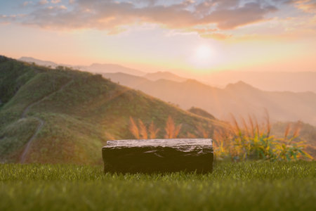 Surreal  stone podium table top on grass with golden light mountain nature landscape background...