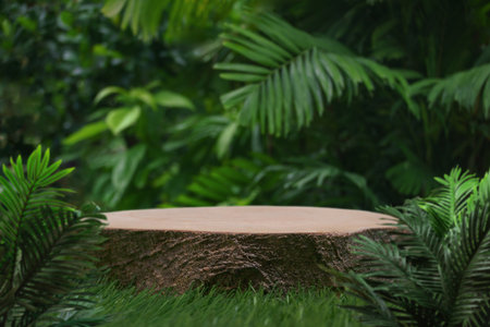 Wood podium table top floor in outdoors tropical garden forest blurred green leaf plant nature background.Natural product placement pedestal stand display,jungle paradise concept.の写真素材
