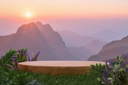 Surreal wood podium table top on grass with warm light mountain nature landscape background .Cosmetic beauty product placement pedestal wooden stand display,tropical forest dreamy concept.の写真素材