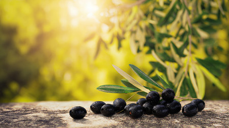Black olives with leaves on a rustic wooden table in the garden.の素材