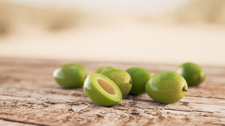 Green olives on old wooden table with copy space, shallow focusの素材