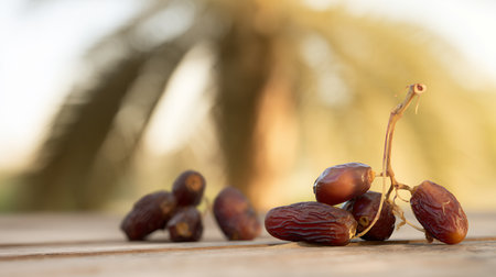 Date fruits on a wooden table with palm tree in the background.の素材