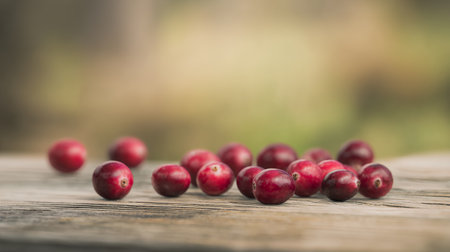 Cranberries on wooden table in the forest, shallow depth of fieldの素材