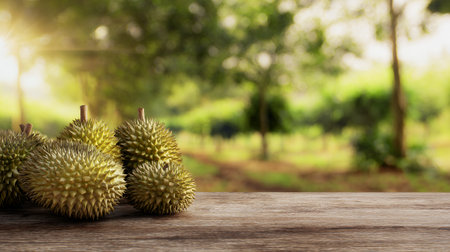 Fresh durian fruit on wooden table with nature background, Selective focus.の素材