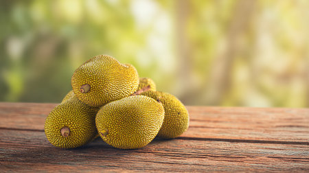 Jackfruit on wooden table with nature bokeh background, clipping pathの素材