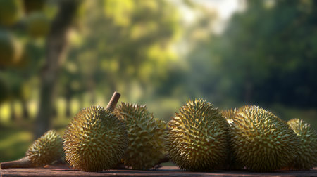 Fresh durian fruit on wooden table in garden. Selective focus.の素材
