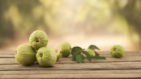 Fresh green figs with leaves on wooden table and bokeh backgroundの素材