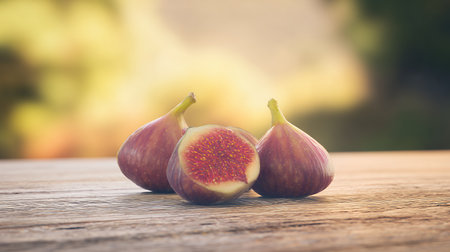 Fresh figs on wooden table with blurred background. Toned imageの素材