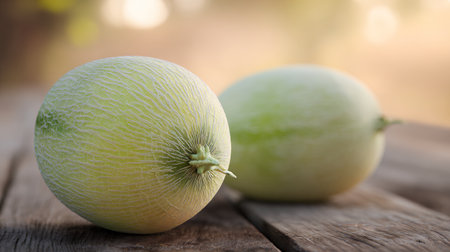 Melon on wooden table in the garden with bokeh backgroundの素材