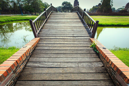 Wooden bridge in the Ayutthaya Historical Park, Ayutthaya, Thailand の写真素材