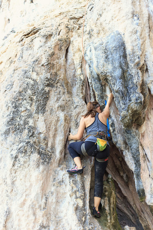 Climbing extream sport in Railay beach, Krabi Thailandの写真素材