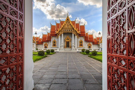 Traditional Thai architecture, Wat Benjamaborphit or Marble Temple, Bangkokの写真素材