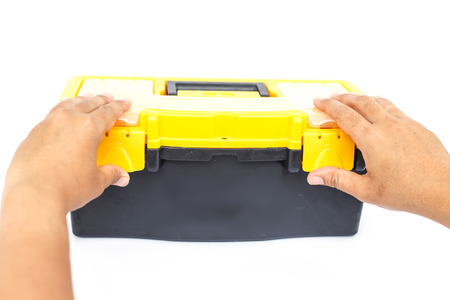 Hand holding tool box Isolated on White Backgroundの写真素材