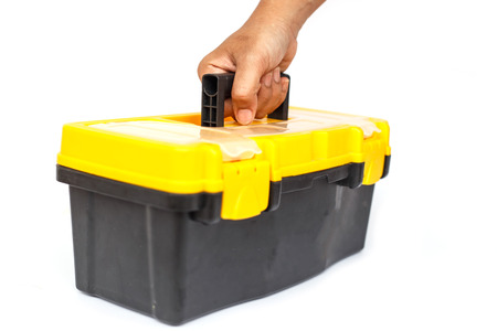 Hand holding tool box Isolated on White Backgroundの写真素材