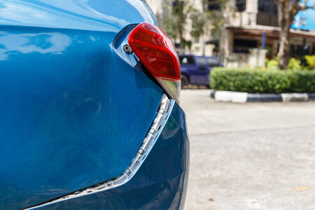 Body of blue car get damaged by accidentの写真素材