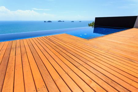 Wooden flooring beside the poolのeditorial素材