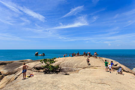 SURATTHANI - JULY 17 : Tourists at Grandfather and grandmother rock the famous place at Lamai Beach on 17 July, 2014 in Suratthani, Thailand.のeditorial素材
