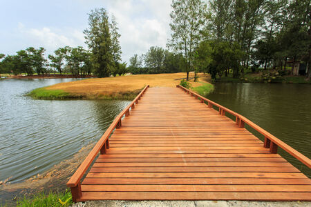 Wood bridge at the lakeの写真素材