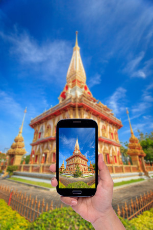 Hands holding smartphone taking picturesの写真素材