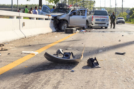 PHANG NGA, THAILAND - JUNE 27 : Car accident on the road and crashed into a concrete bridge which causing the driver serious injury. june 27, 2014 in phang nag thailand.のeditorial素材