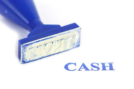 Cash letter on blue rubber stamp isolated on white backgroundの写真素材